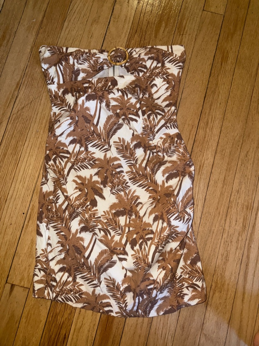 bec + bridge Brown and White Palm-Print Strapless Mini Dress